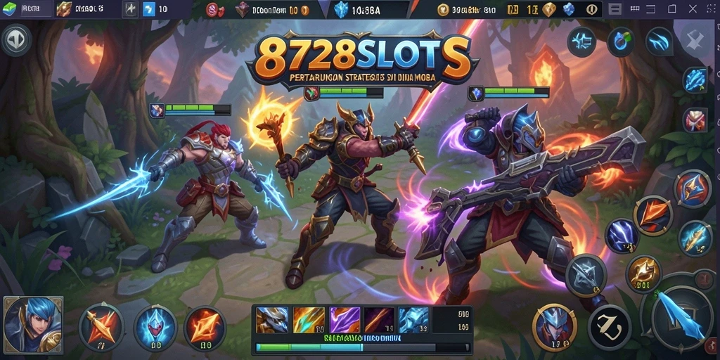 Tampilan gameplay intens 8728SLOTS di arena MOBA.