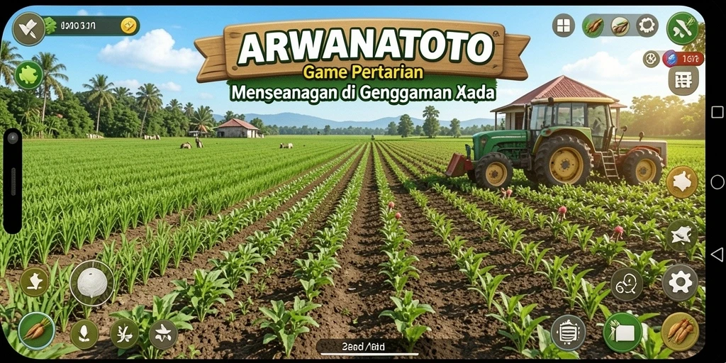 Tampilan gameplay ARWANATOTO yang menampilkan ladang pertanian yang subur.