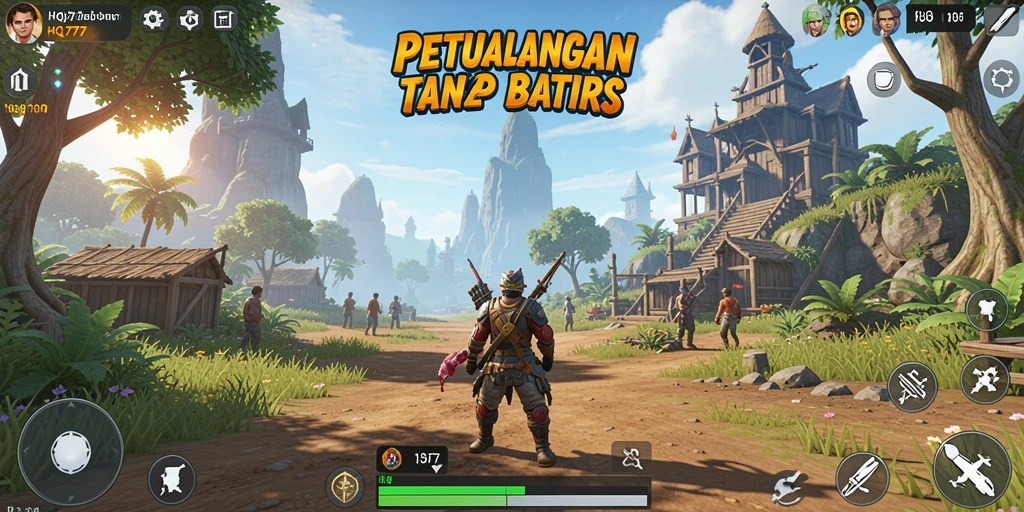 Screenshot utama HQ777 menampilkan aksi eksplorasi di dunia terbuka.