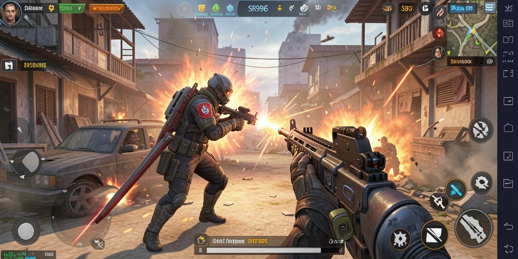 Tampilan gameplay SR996 yang menegangkan dalam pertempuran TPS.